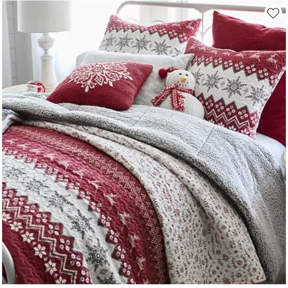 North Pole Trading Co. 3PC Cotton Holiday Novelty Stripe Quilt Set KING Red